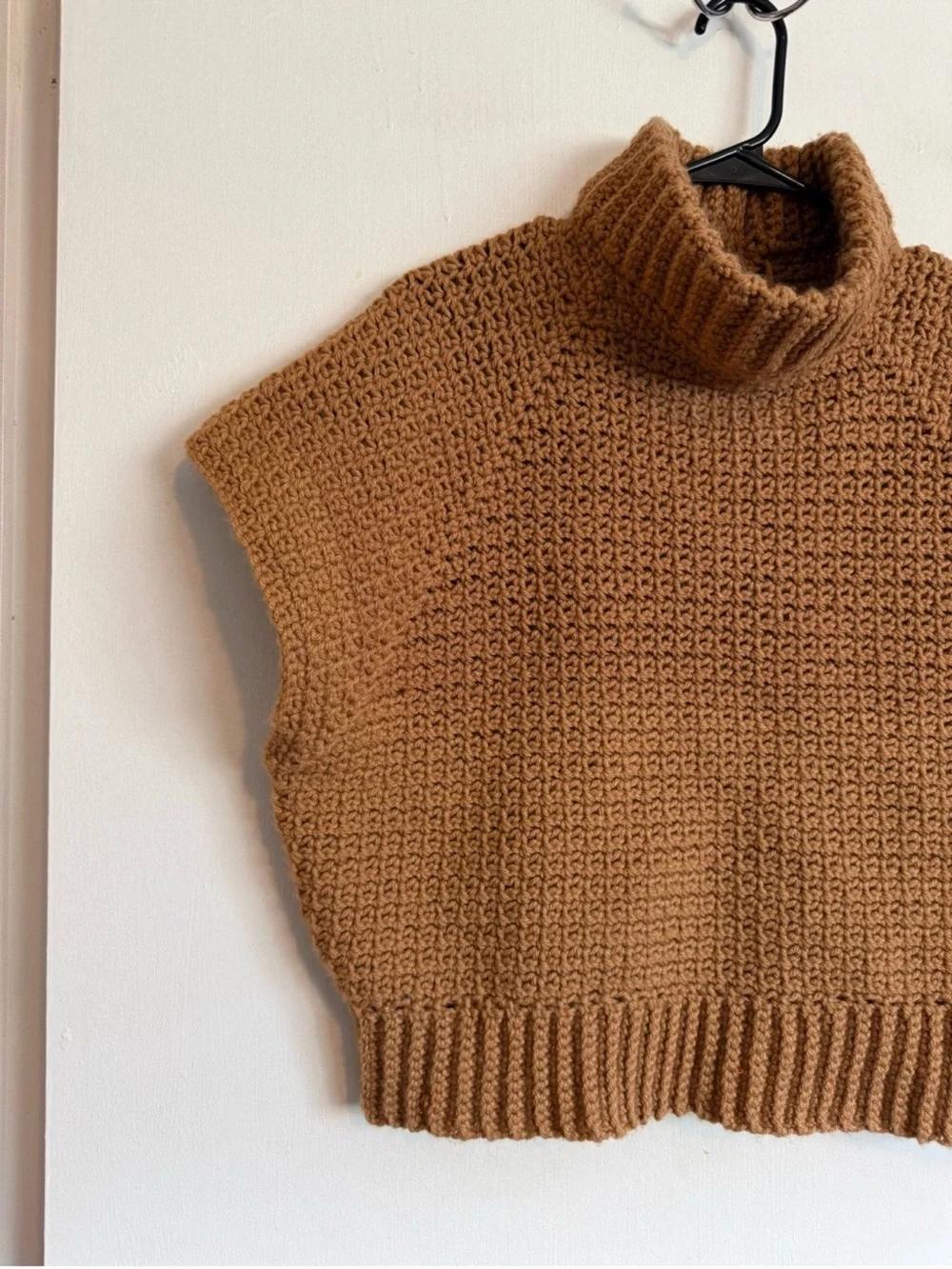 Handmade by me tan crocheted mock neck sleeveless waist length sweater